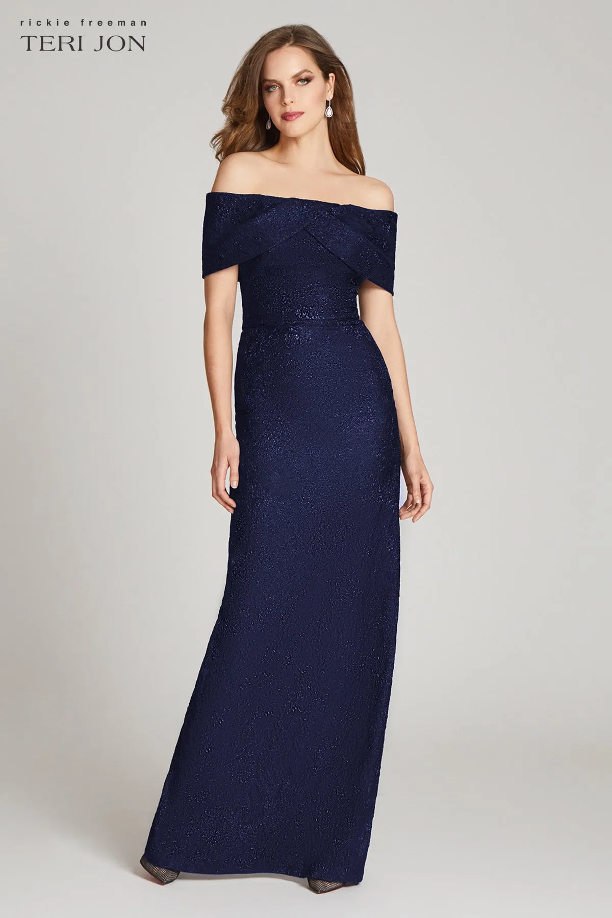 Jacquard Off The Shoulder Portrait Column Gown