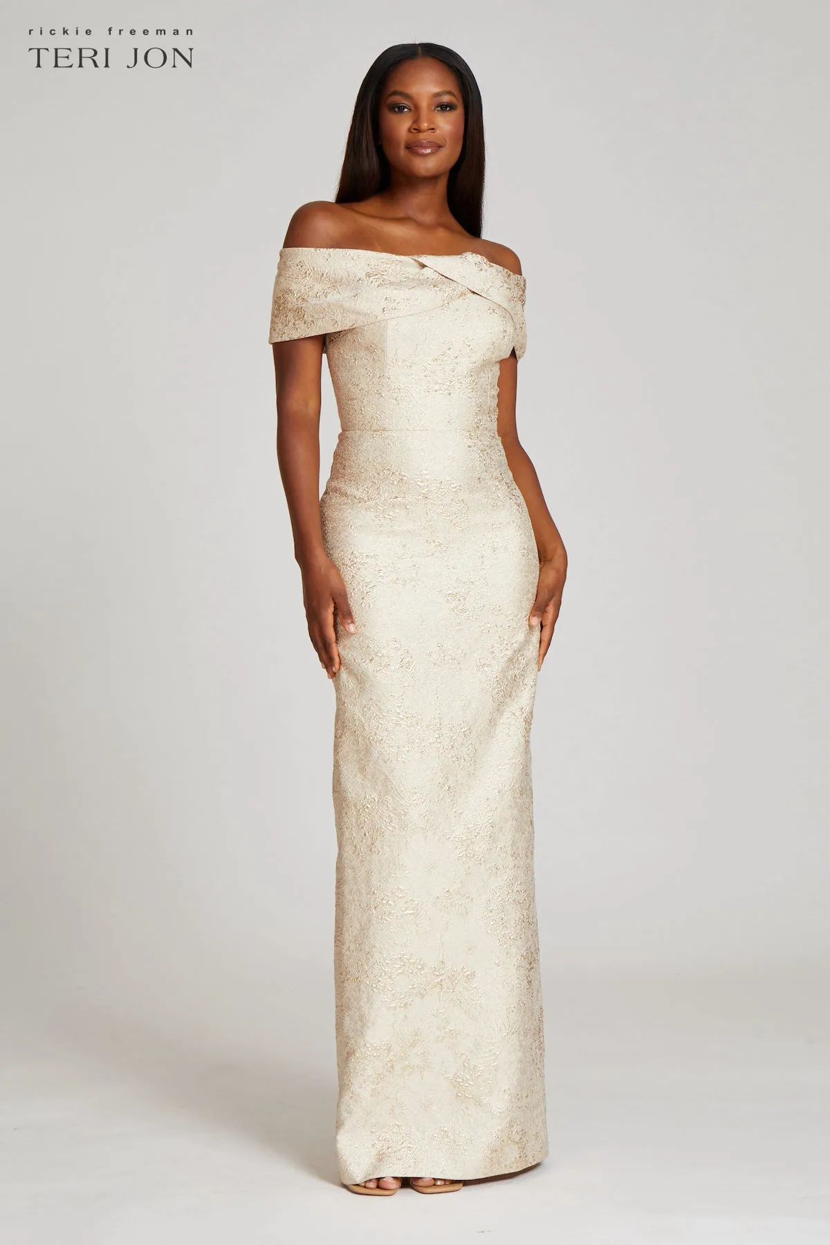 Jacquard Off The Shoulder Portrait Column Gown
